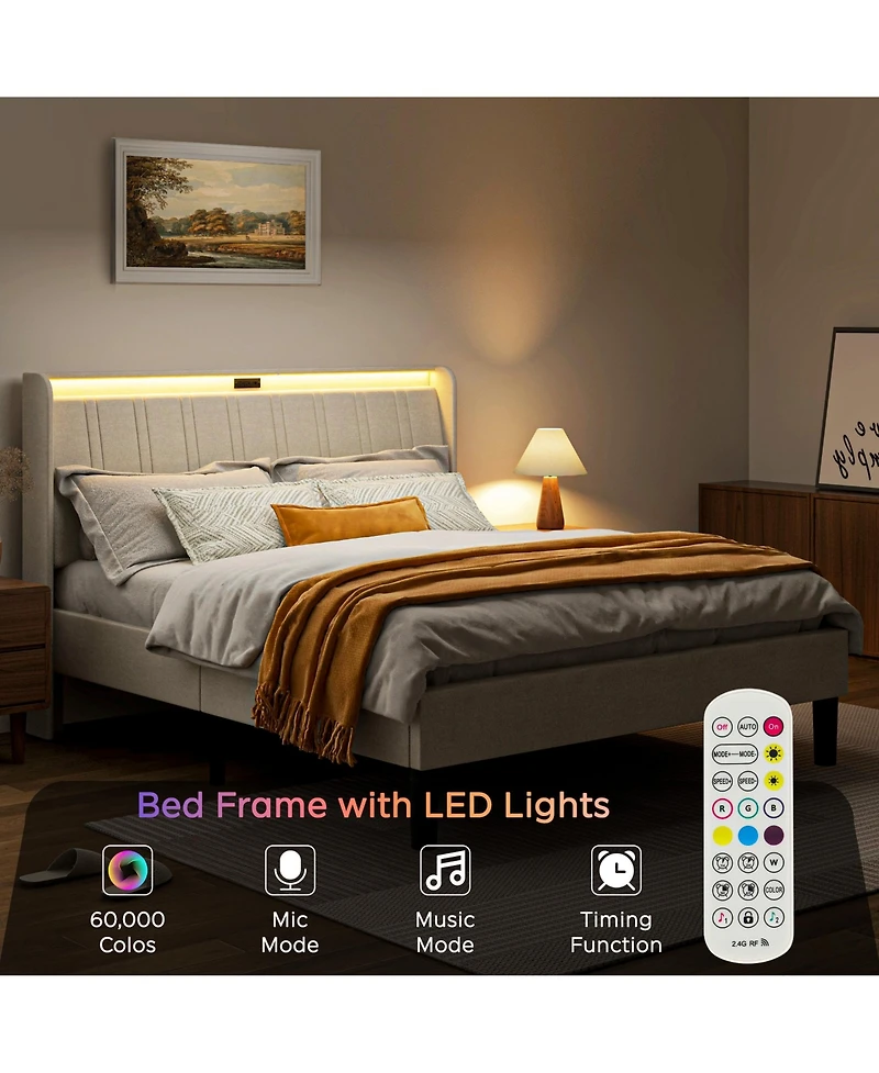 Lovmor Twin Size Platform Bed Frame with Fabric Upholstered Headboard and Wooden Slats Support