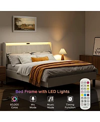 Lovmor Twin Size Platform Bed Frame with Fabric Upholstered Headboard and Wooden Slats Support