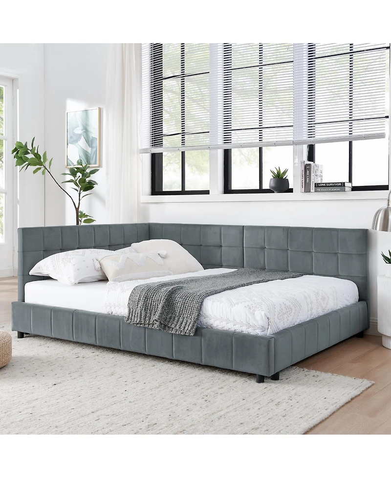 Lovmor Full Size Upholstered Tufted Bed Frame Sofa Bed Frame with Comfortable Backrest and Armrests Full Size Bed Velvet Grey