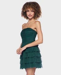 B Darlin Women's Strapless Side-Shirred Tiered Glitter Mini Dress