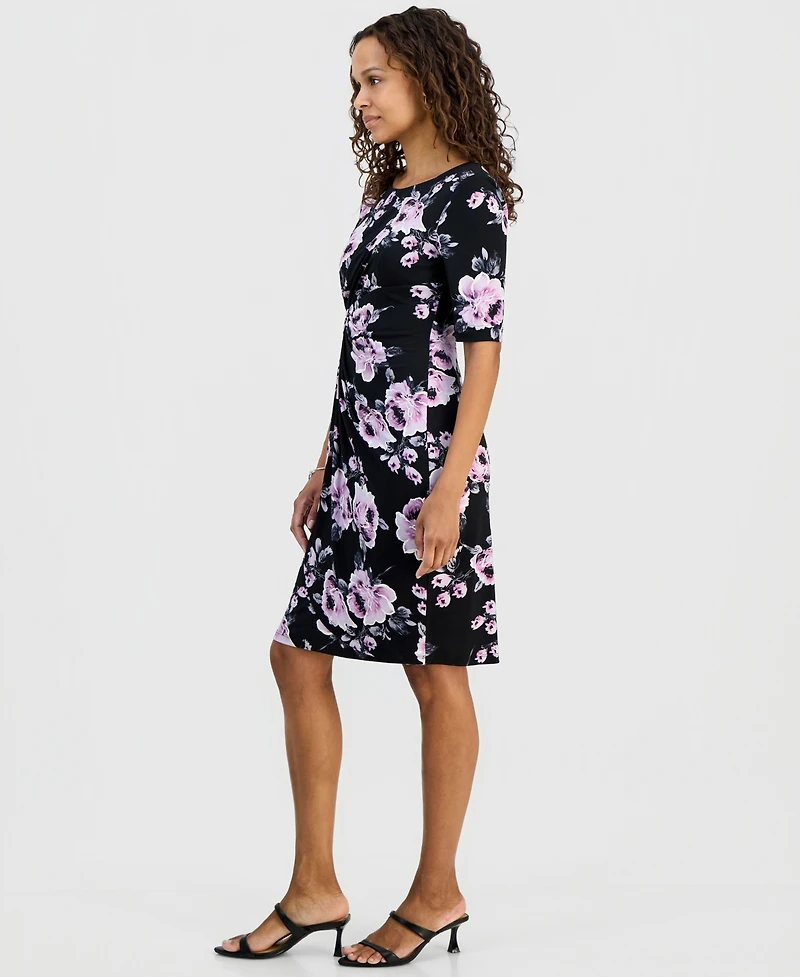 Connected Petite Floral Twist-Front Elbow-Sleeve Dress