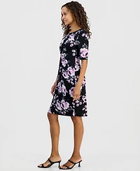Connected Petite Floral Twist-Front Elbow-Sleeve Dress