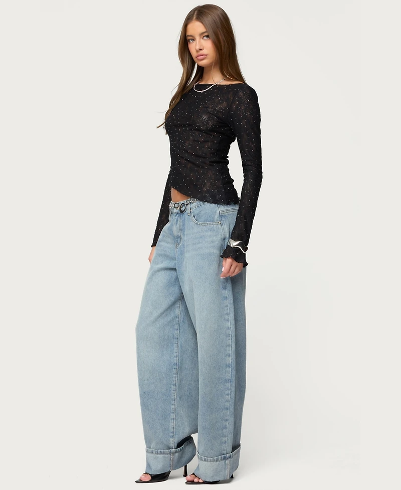 Edikted Women's Mare Asymmetric Gem Sheer Lace Top