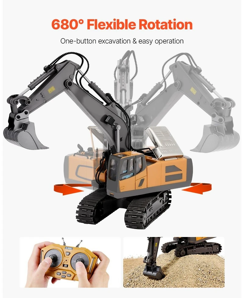 Mecale Rc Excavator Toy, 11-Channel 1:20 Scale Digger with Lights & Sounds, Full-Function Construction Vehicle with 2 Batteries