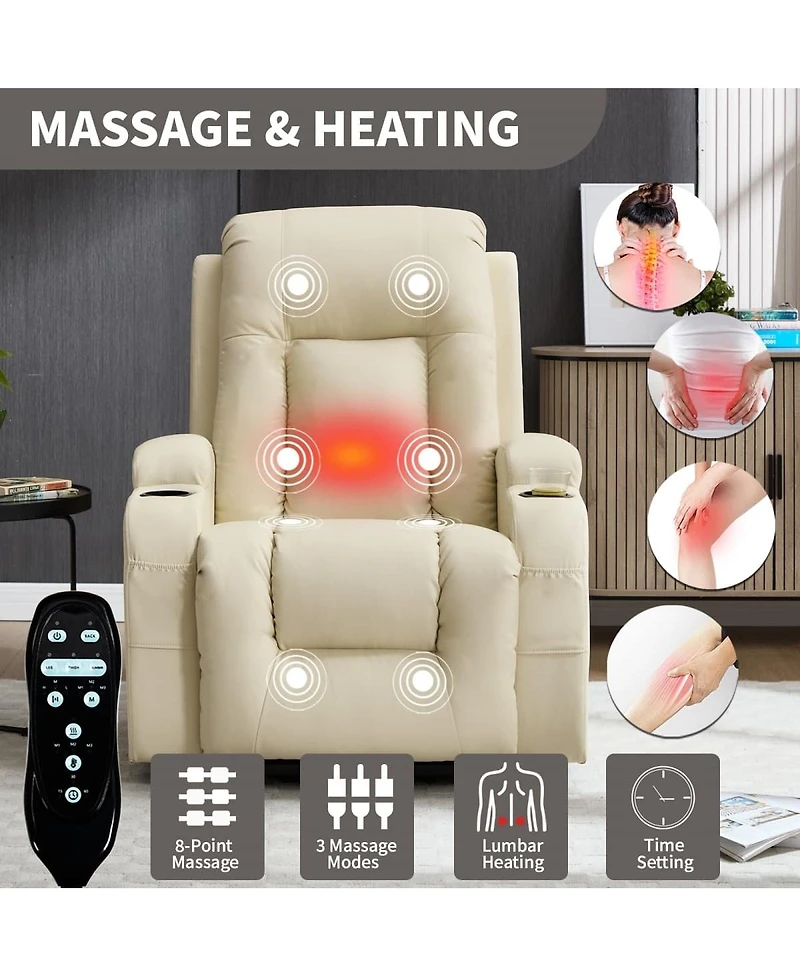 Maison Boucle Faux Leather Power Lift Recliner for Elderly with Massage & Heat, Infinite Position Chair Usb, Cup Holders, Heavy-Duty Base