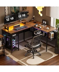 55.5'' Reversible L-shaped Desk with Power Outlets and Rgb Led Lights, Computer Table Cpu Stand Monitor