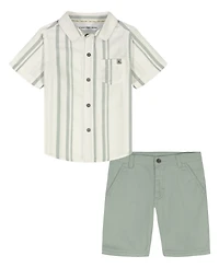 Calvin Klein Boys' Toddler 2T-4T Striped Short-Sleeve Shirt and Twill Shorts, 2-Piece Set