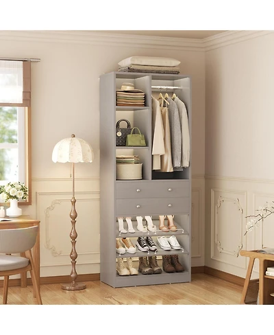 Aheaplus 28'' Freestanding Closet Storage System with 2 Drawers, Tower Hanging Rod, Shelves & Adjustable Shoe Racks