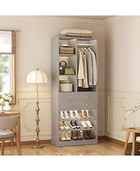 Aheaplus 28'' Freestanding Closet Storage System with 2 Drawers, Tower Hanging Rod, Shelves & Adjustable Shoe Racks