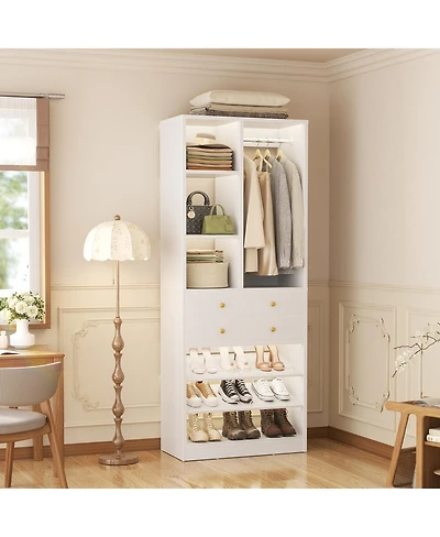 Aheaplus 28'' Freestanding Closet Storage System with 2 Drawers, Tower Hanging Rod, Shelves & Adjustable Shoe Racks