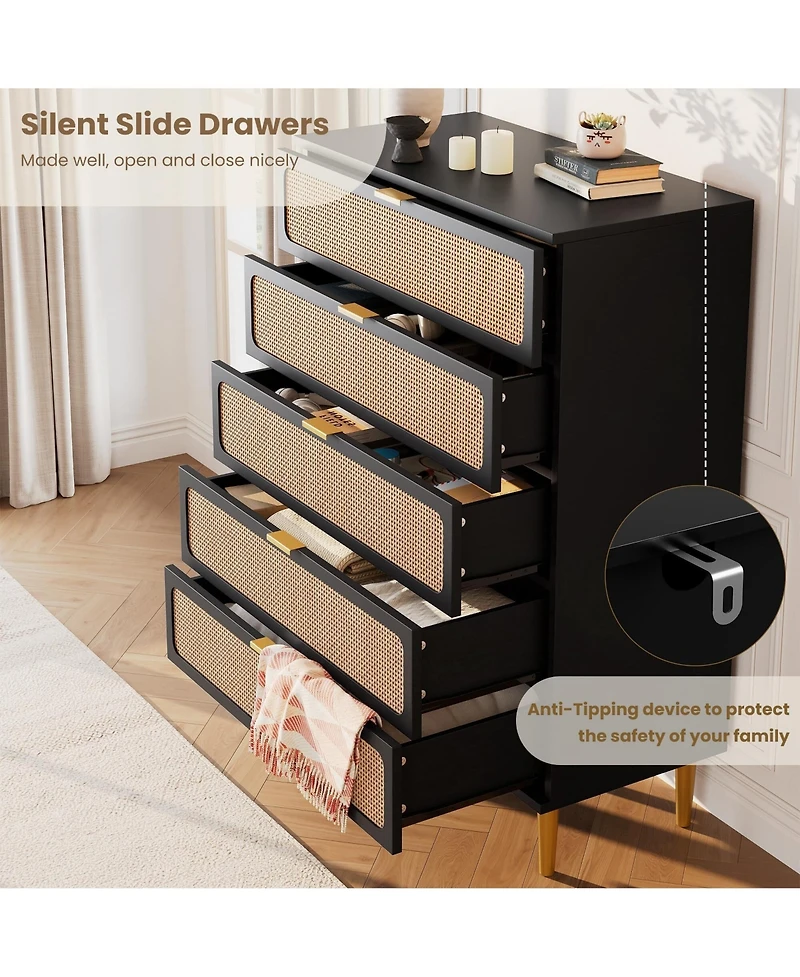 gaomon Rattan Dresser with 5 Drawers, Tall Modern Closet with Deep Storage