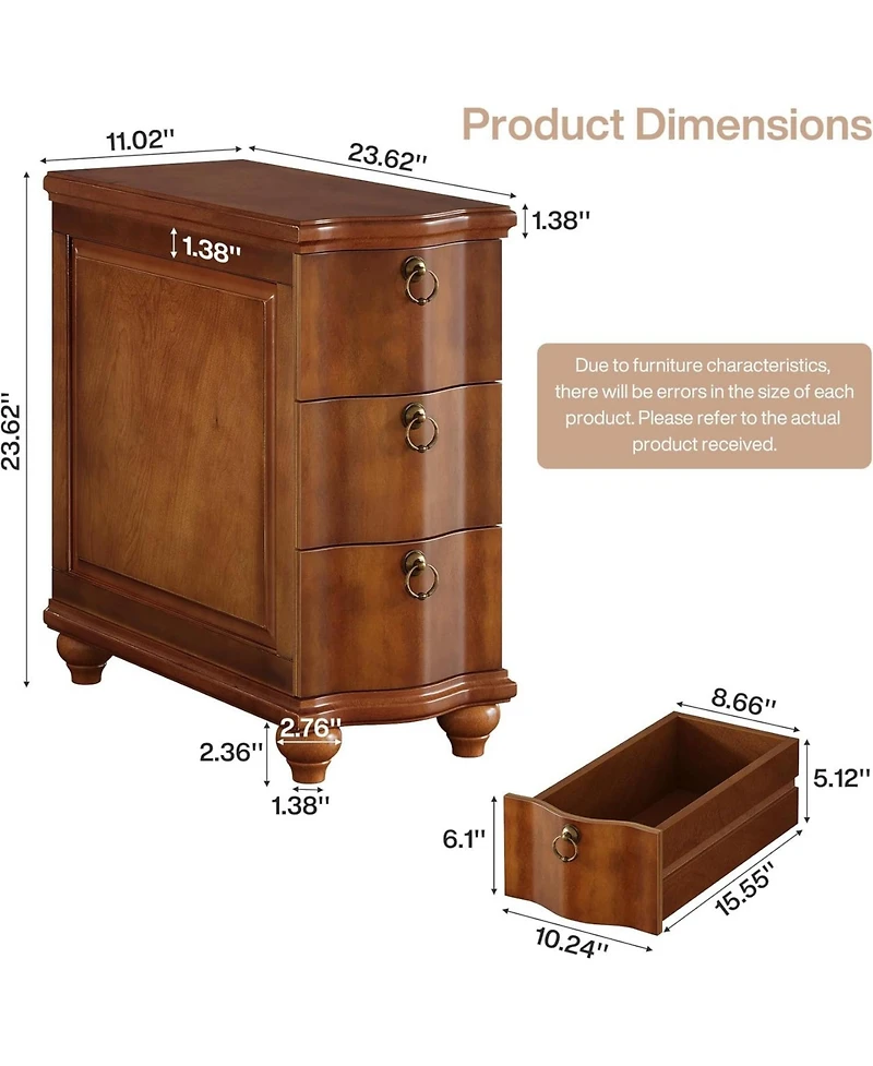 Tribesigns Wood Fully Assembled End Table, 3-Drawers Narrow Slim Side Table, No Assembly Required, Nightstand