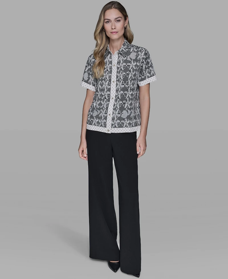 Karl Lagerfeld Paris Petite Printed Collared Camp Shirt