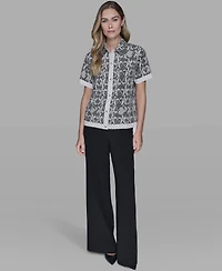 Karl Lagerfeld Paris Petite Printed Collared Camp Shirt