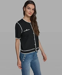 Karl Lagerfeld Paris Petite Short-Sleeve Tipped Sweater