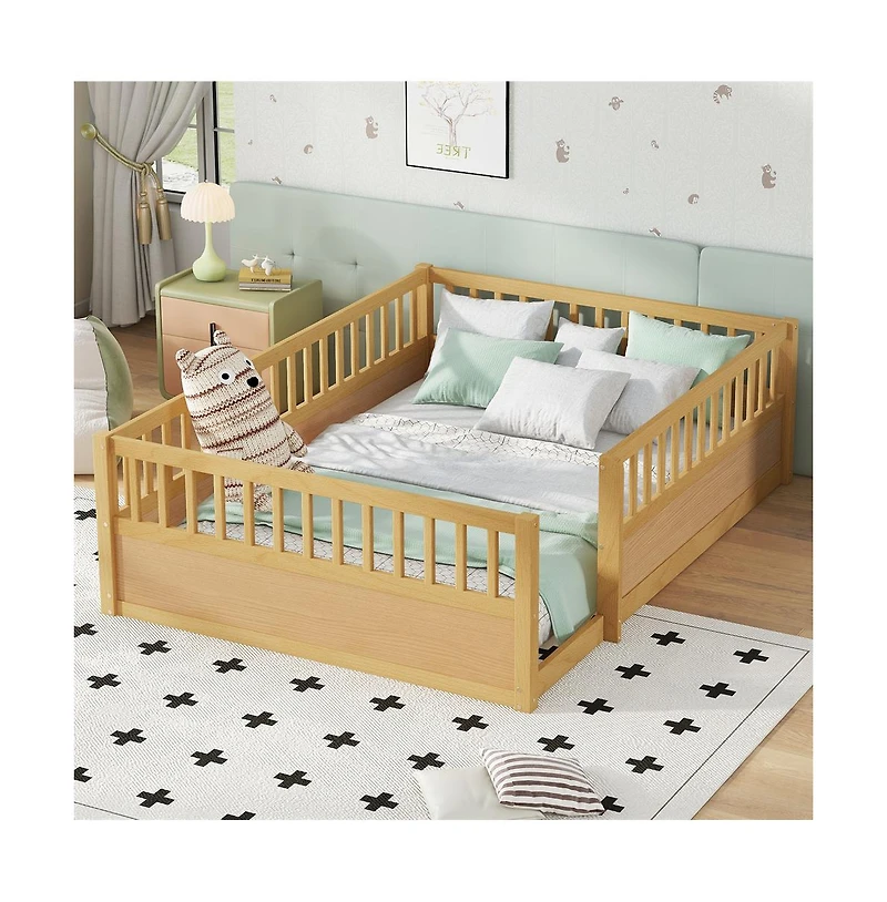 Cesicia Montessori Wooden Floor Bed with Safety Fence Kids Low Profile Play Bed Frame for Bedroom & Playroom