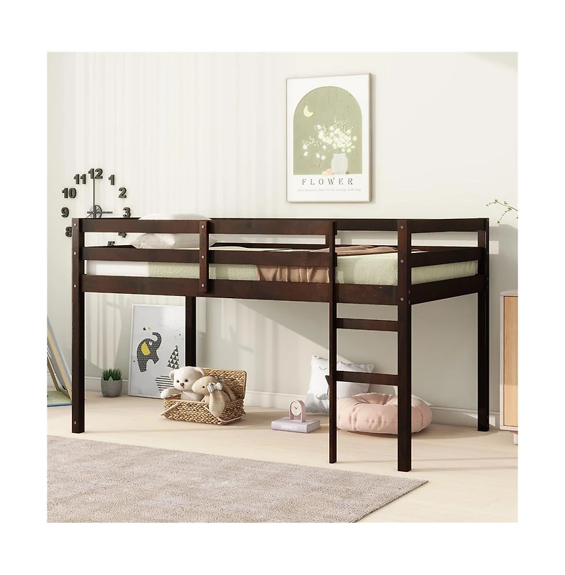 Cesicia Twin Loft Bed with Ladder Rubber Wood Platform Storage Space & Guardrails