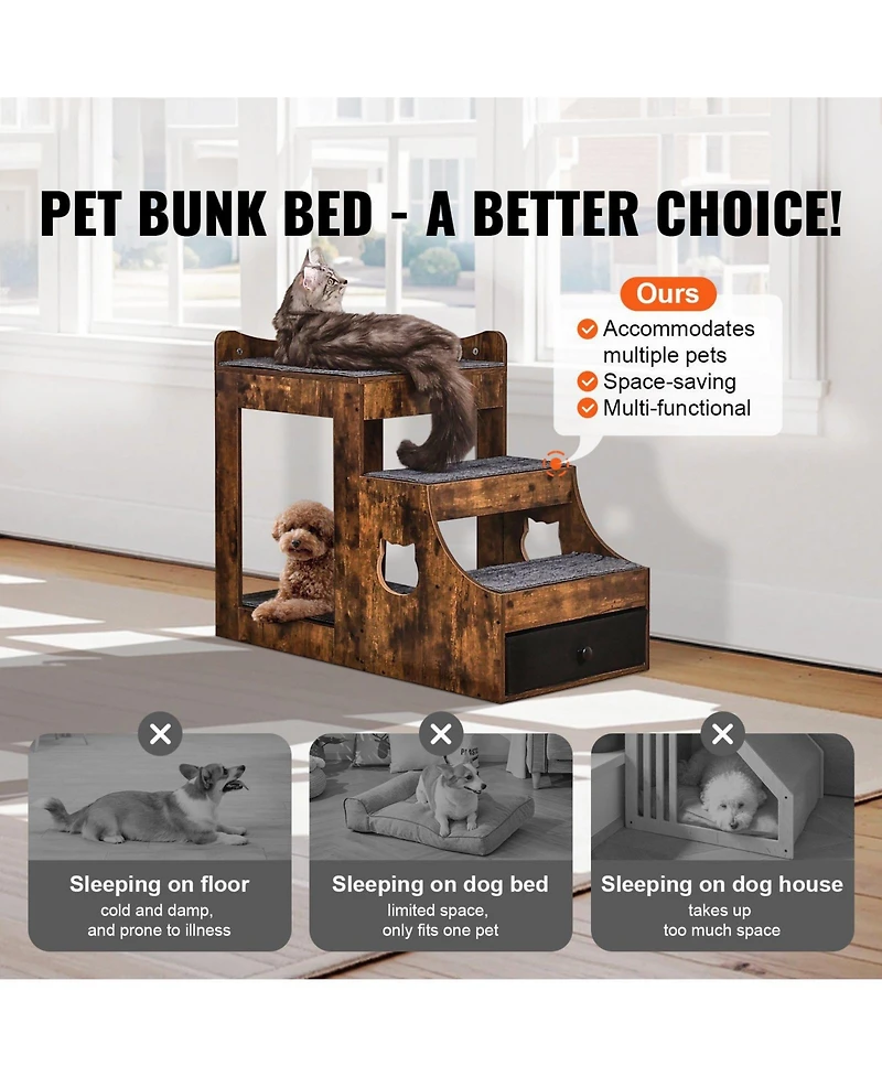 Cozito Pet Bunk Bed & Window Perch with Removable Stairs, Rustic Brown