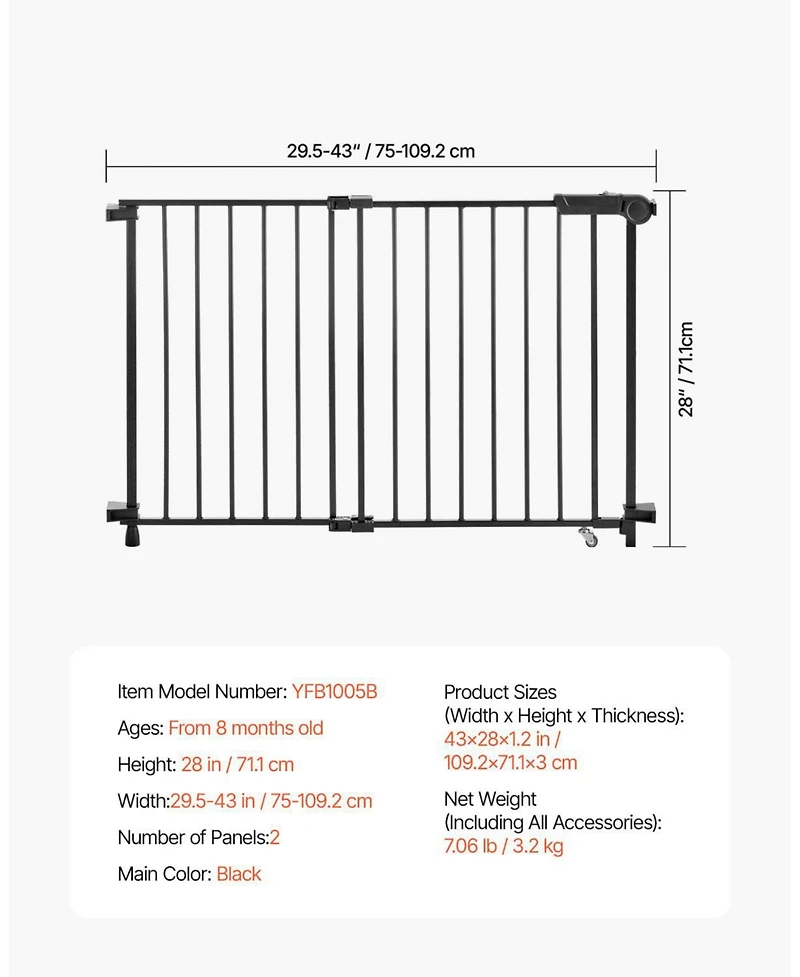 Cozito No-Threshold Adjustable Safety Gate, 29.5"-43" Wide, 28" High