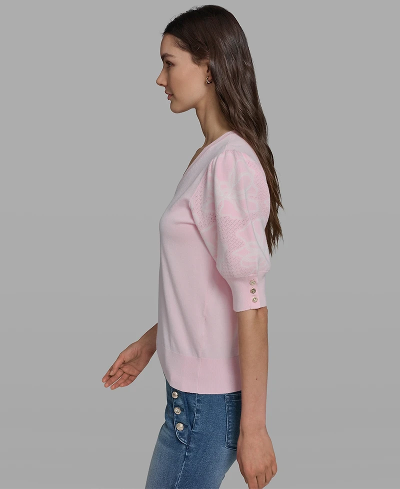 Karl Lagerfeld Paris Petite Floral Print V-Neck Sweater