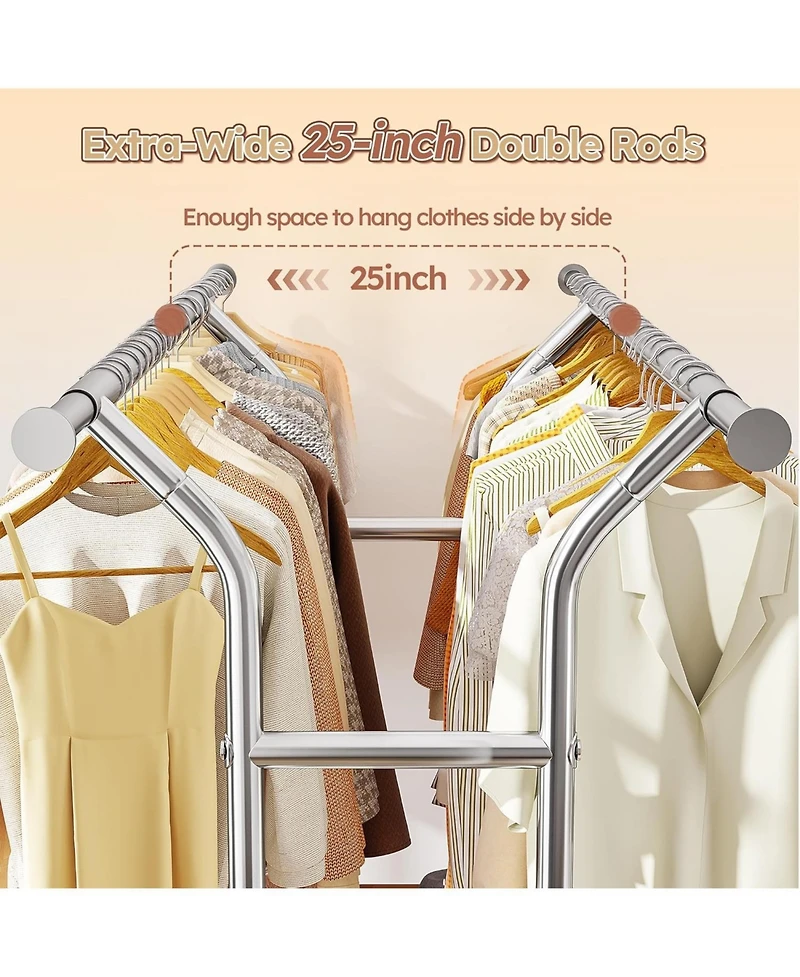 Raybee 74" W Heavy Duty Clothes Rack, Double Rods Clothing Rack Load 630 Lbs, Rolling Clothes Racks for Hanging Clothes 400+, Garment Rack