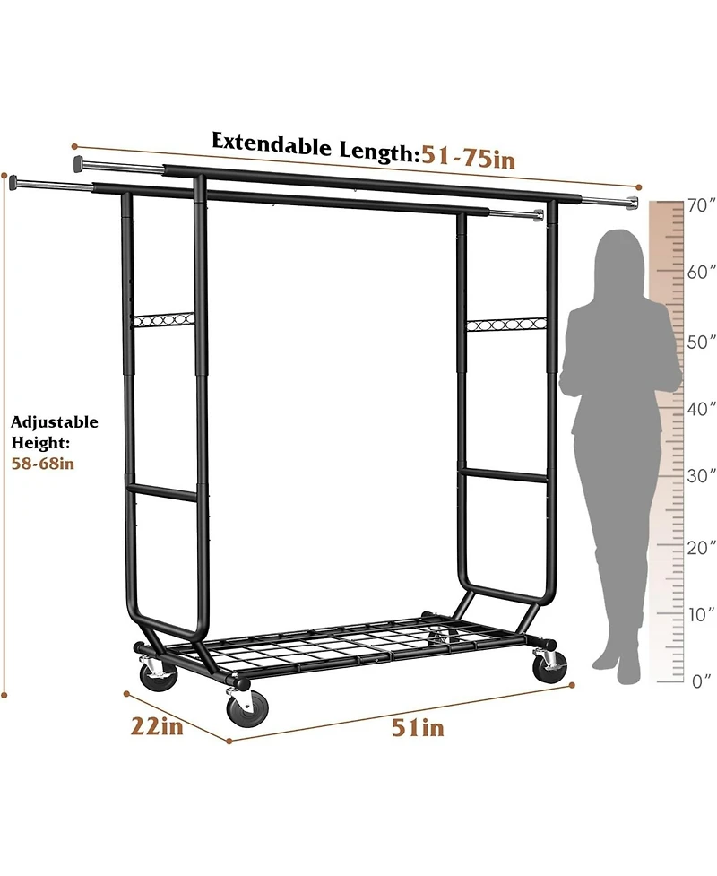 Raybee Heavy Duty Clothes Rack, Rolling Clothing Racks for Hanging Clothes with Wheels, Adjustable & Commercial Garment Rack