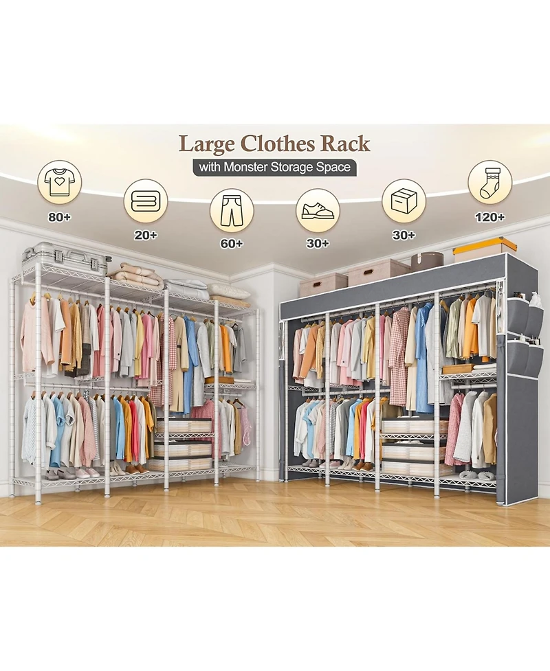 Raybee Clothes Rack with Cover,1100 Lbs,Clothing Racks for Hanging Clothes Heavy Duty,Portable Closet with Shelves,Adjustable