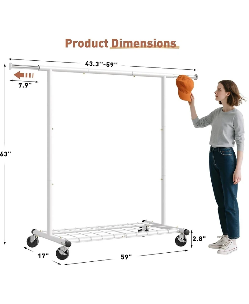 Raybee Clothing Rack for Hanging Clothes, Rolling Clothes Rack Load 250LBS, Metal Clothes Racks, Clothing Rack with Wheels Portable
