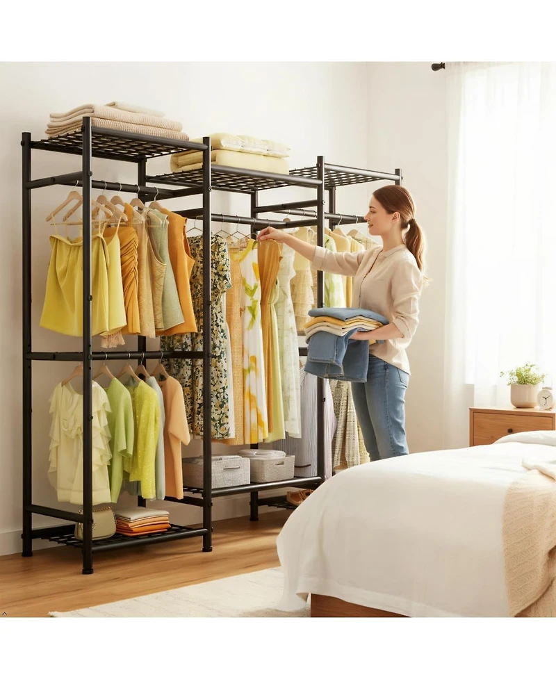 Raybee Portable Closet,Clothes Rack with Hang Rods & 6 Shelves,Clothing Racks for Hanging Clothes,Metal Garment Rack for Bedroom,Large Capacity
