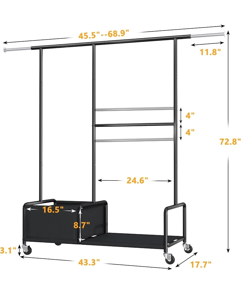 Raybee Clothes Racks for Hanging Clothes with Shelves, Adjustable Clothing Rack with Lockable Wheels, Heavy Duty Garment Racks for Hanging Clothes