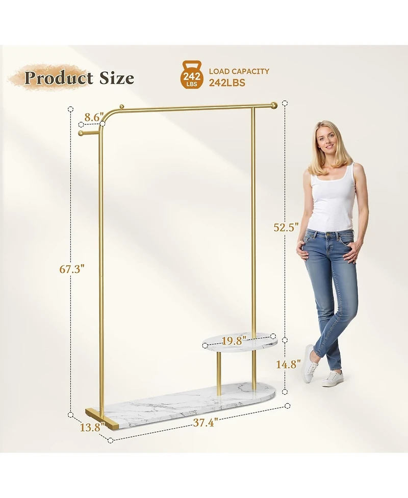 Raybee 67.3" H Gold Clothing Rack, Modern Coat Rack with 2-Tier Storage, Clothes Rack with a Display Stand for Boutique Store, Living Room