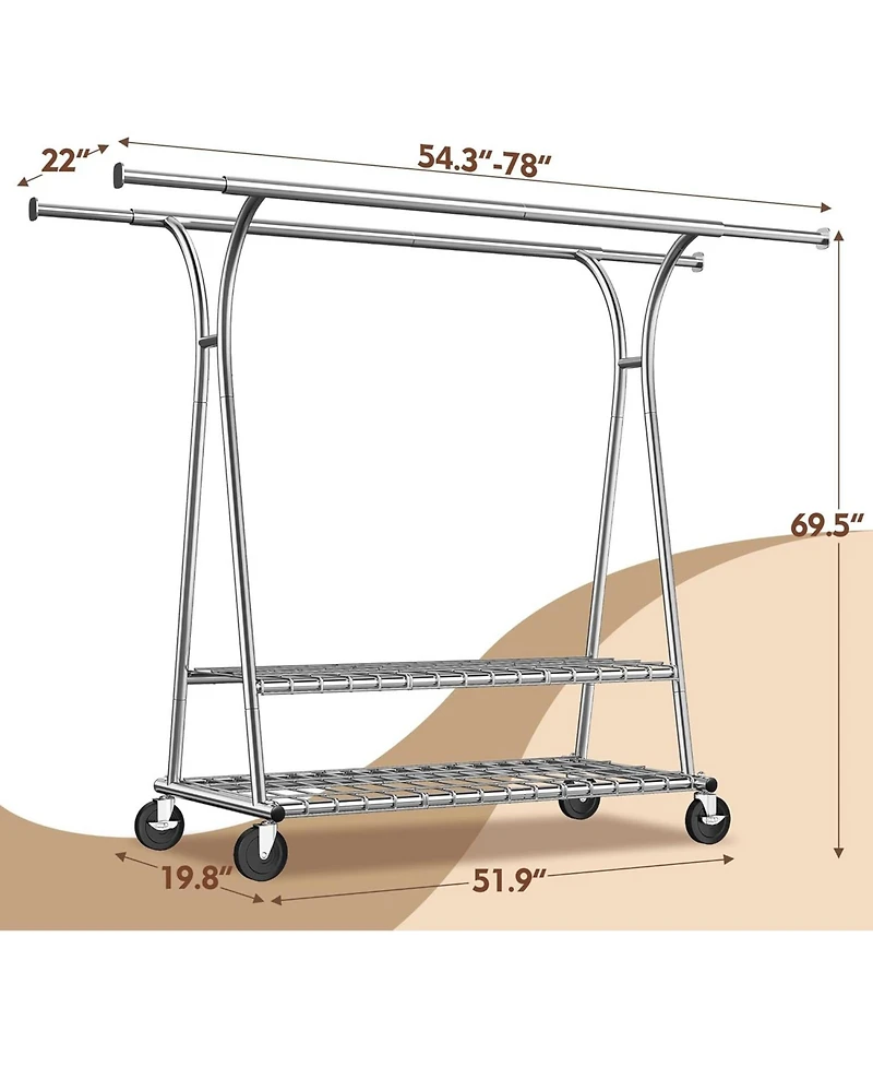 Raybee 78" W Heavy Duty Clothes Rack Loads 630 Lbs, Double Rods Clothing Racks for Hanging 450+ Clothes, Clothing Rack with Wheels