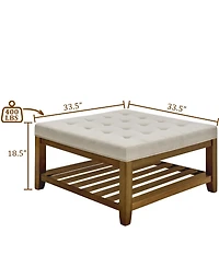 sumyeg Ivory Upholstered Square Ottoman Coffee Table with Tufted Linen and Beech Wood Shelf