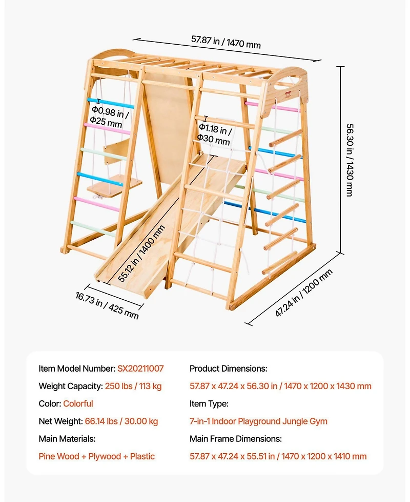 Mecale 7-in-1 Wooden Indoor Playground with swing, slide, monkey bar, ladders & net, holds up to 250 lbs.