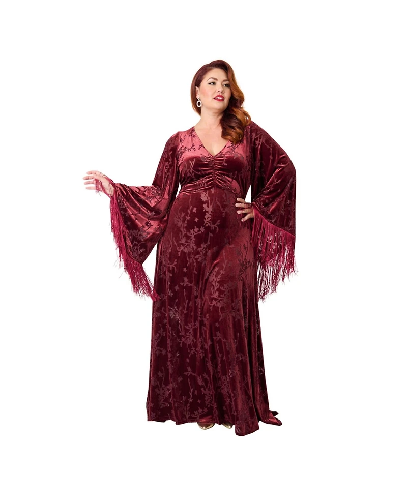 Smak Parlour Plus Fringed Long Bell Sleeved Ruched Maxi Dress