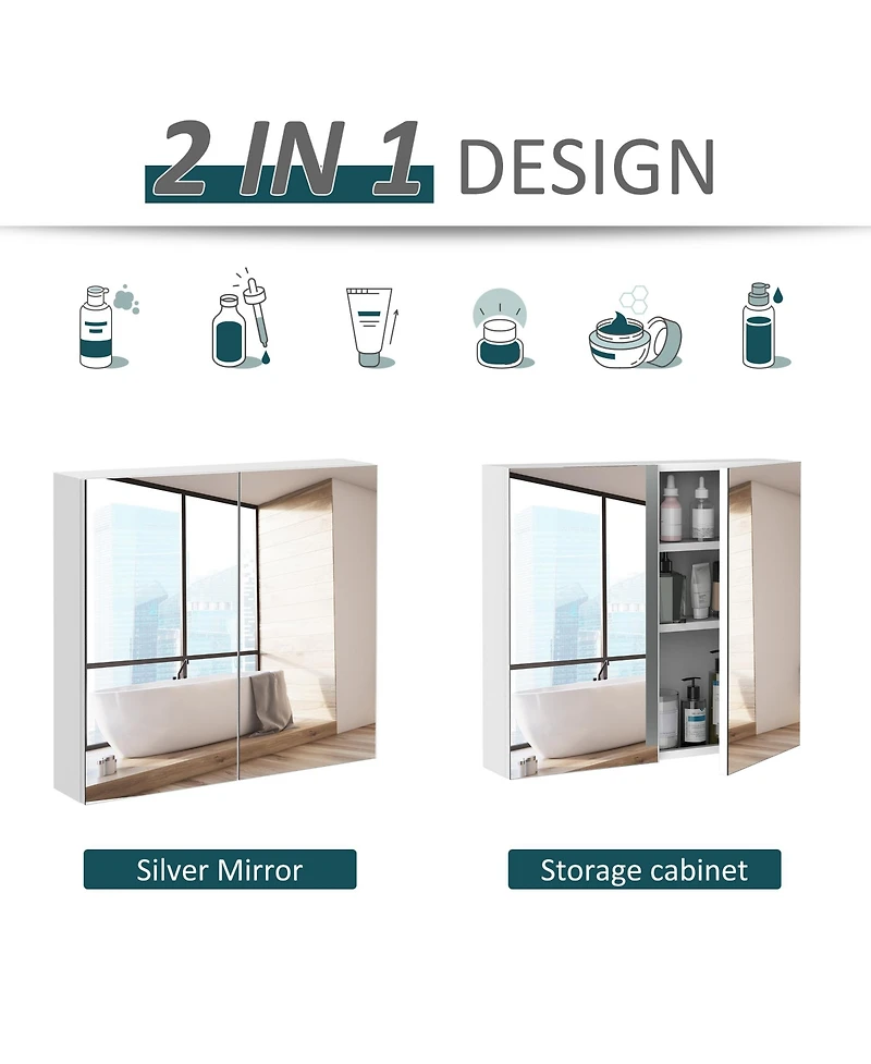 kleankin 2 Door Floating Restroom Bathroom Vanity Mirror W/3-Tier Storage Shelves 24"x22"