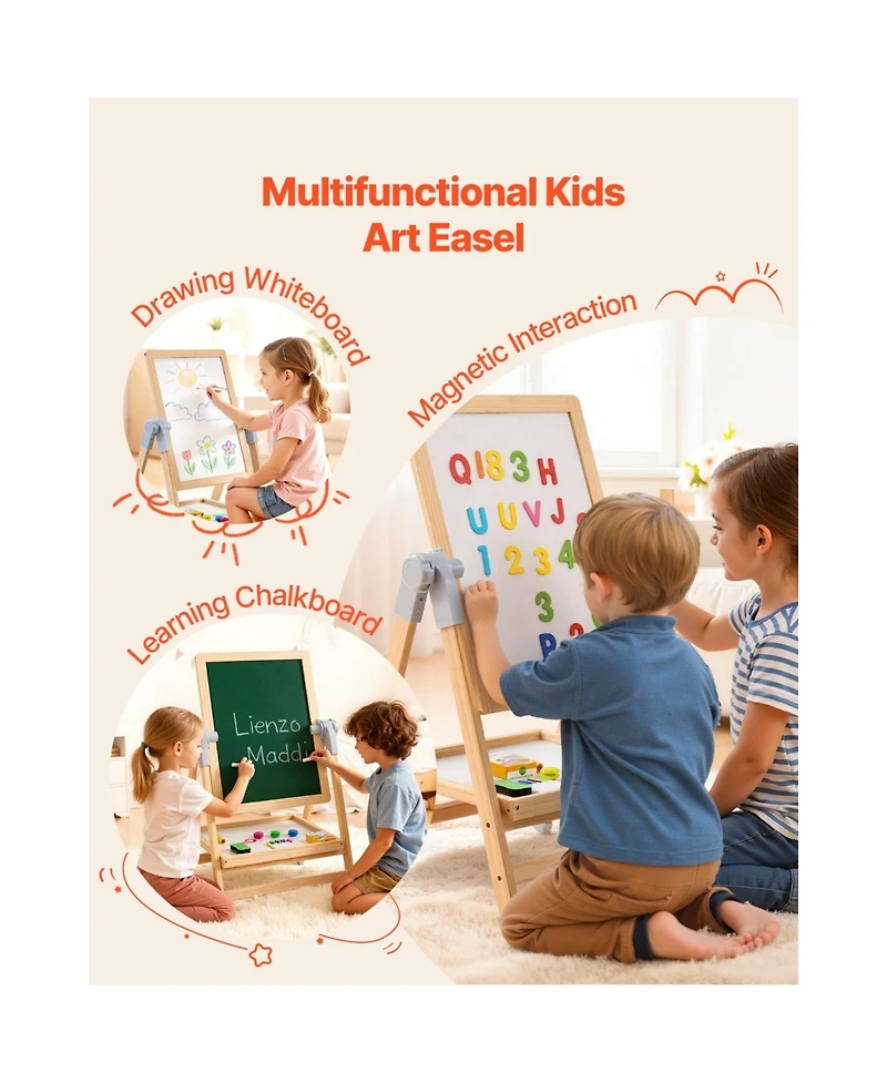 Wooden Kids Art Easel 2-in-1 Magnetic, Chalkboard, Paper Roll
