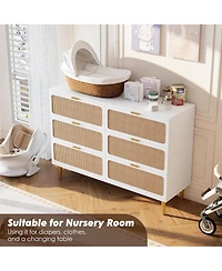 gaomon 6-Drawer Rattan Dresser, Wide Top, Large Double Chest for Bedroom, Closet, Living Room, Hallway, Kids Room, White