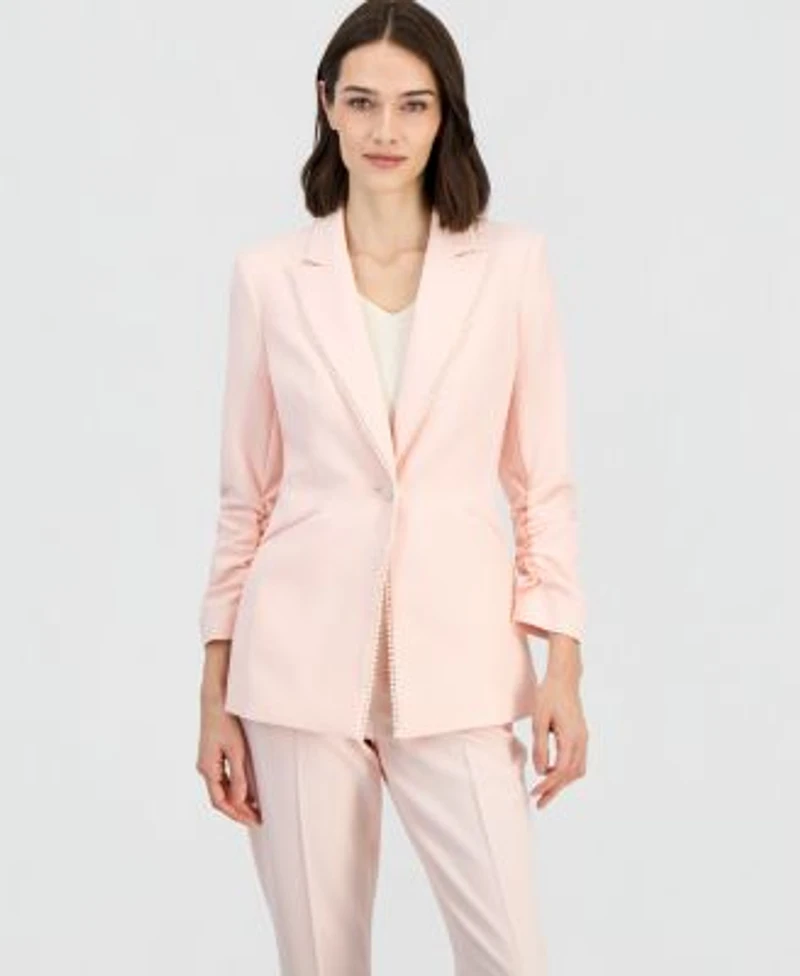 Tahari Asl Womens Faux Pearl Trim Ruched Sleeve Blazer Straight Leg Ankle Pants