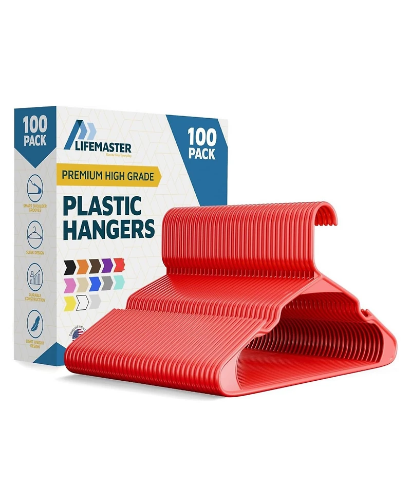 Lifemaster Heavy-duty red plastic hangers with non-slip shoulder grooves space-saving design .Pack of 100 for organizing clothes and coats