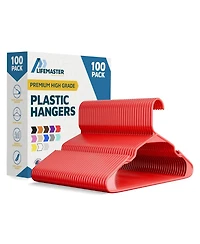 Lifemaster Heavy-duty red plastic hangers with non-slip shoulder grooves space-saving design .Pack of 100 for organizing clothes and coats