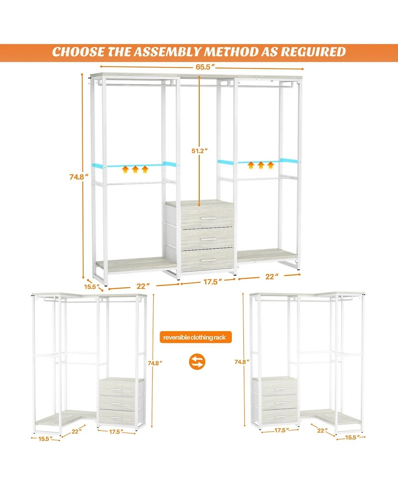 Aheaplus Heavy Duty Closet Rack with 5 Hanging Rods & 3 Fabric Drawers, Reversible Garment Shelves for Closet/Bedroom