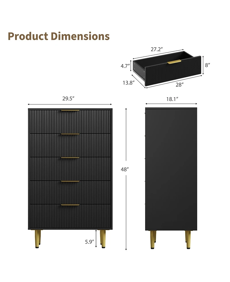 gaomon Modern Fluted Drawer Dresser Wood Chest of Drawers with Metal Handles and Legs