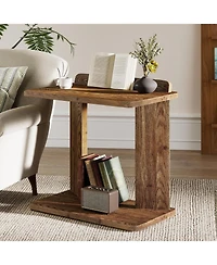 Tribesigns Solid Wood C-Shaped End Table, Farmhouse Wooden Side Table with Book Groove & Holder