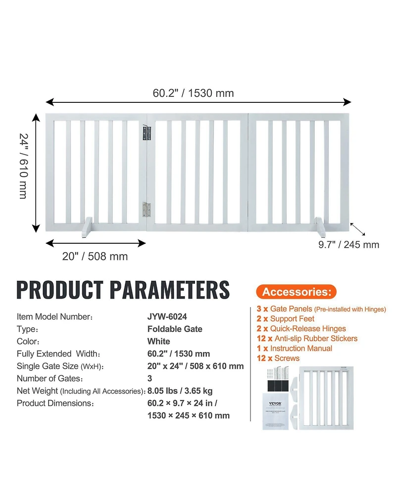 Cozito 3-Panel Foldable Freestanding Pet Gate, 60" W x 24" H, White