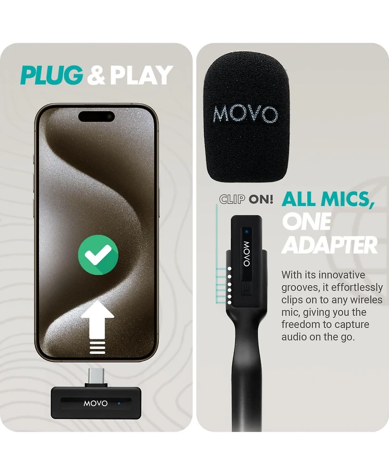Movo Wireless Mini Uc Duo Dual Ultra Compact Wireless Lavalier Microphones for iPhone 15 and up with Handheld Adapter