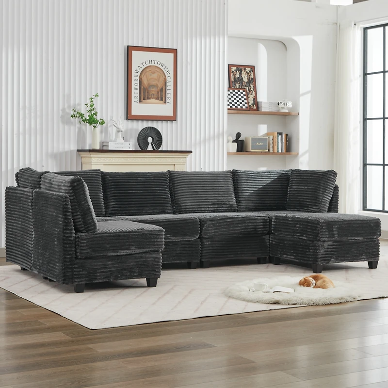Streamdale Furniture Corduroy Sectional Sofa with Ottoman & Storage