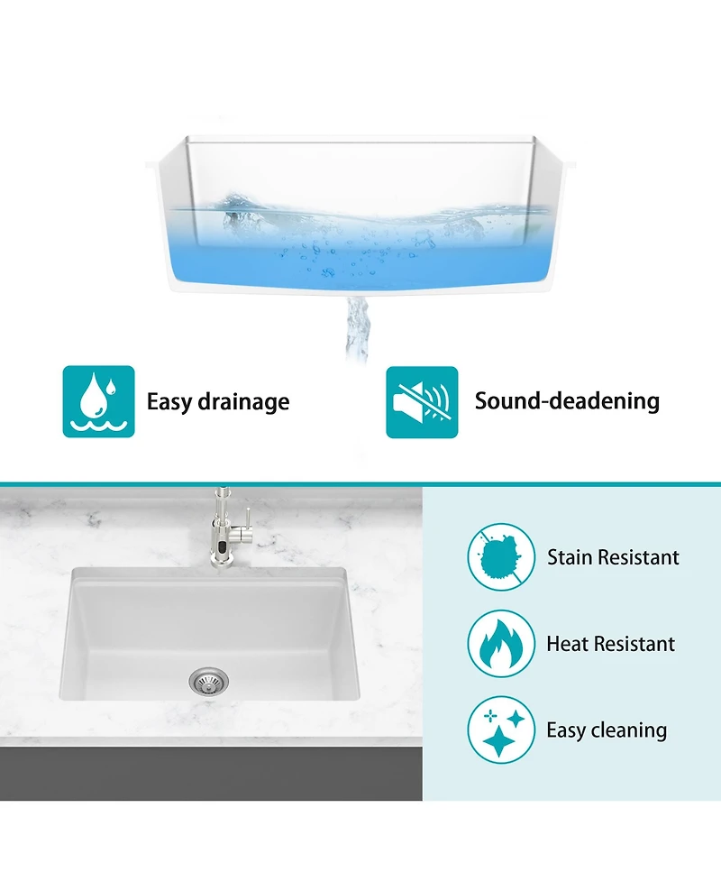 huluwat 28x19x9.65inch White Quartz Composite Kitchen Sink Undermount Workstation