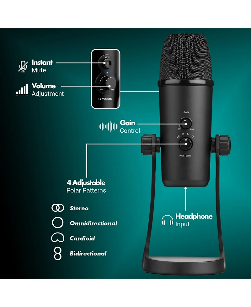 Movo UM700 Desktop Studio Usb Microphone with Stereo, Cardioid, Omnidirectional, and Bi-Directional Polar Patterns