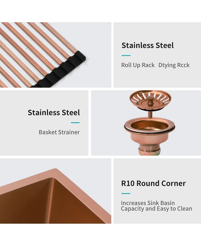 Flynama 36" Rose Gold Farmhouse Apron Front Kitchen Sink, 16-Gauge T304 Stainless Steel with Dish Grid, Drain Assembly & Drying Rack